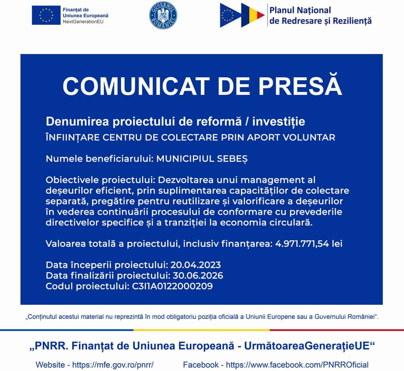 COMUNICAT: Primăria municipiului Sebeș implementează proiectul ”Înființare centru de colectare prin aport voluntar”