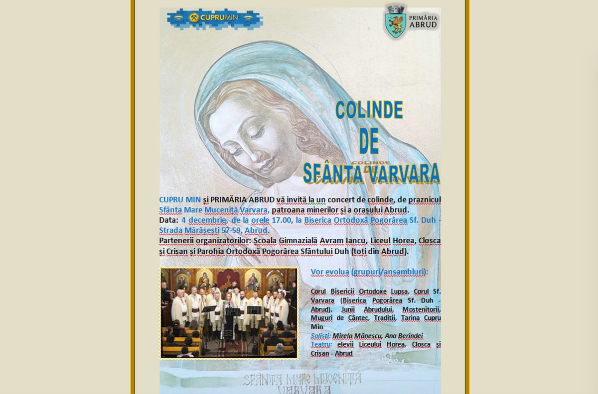 Joi, 4 decembrie: Recital de colinde de Sf. Varvara, la Biserica Ortodoxă „Pogorârea Sf. Duh” din Abrud