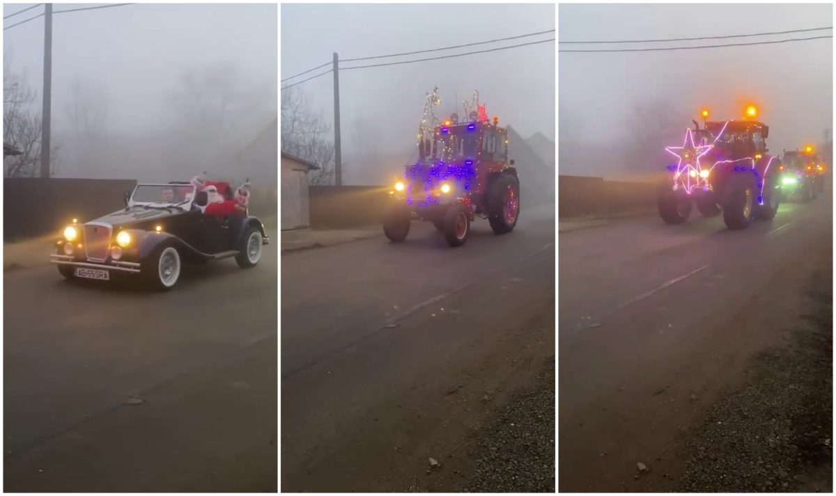 VIDEO: Paradă inedită la Șona. Moș Crăciun a sosit într-o mașină decapotabilă, urmată de tractoare decorate cu luminițe