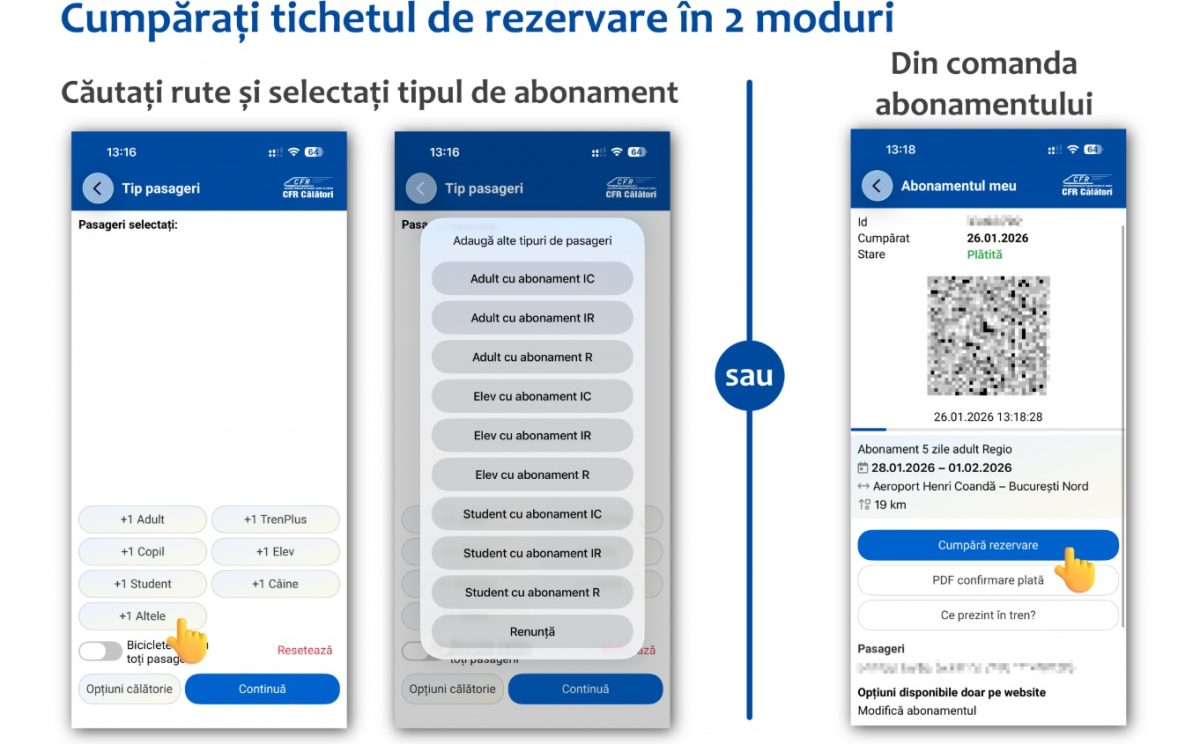 Călătorii cu abonamente pe trenurile CFR Călători pot rezerva locul direct din aplicația mobilă. Precizările companiei