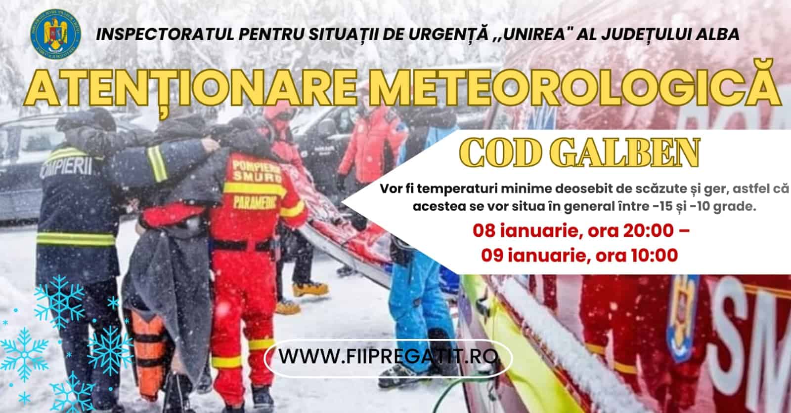 Cod Galben de ger și Cod Portocaliu de viscol în Alba, până vineri dimineața. Recomandările ISU pentru cetățeni