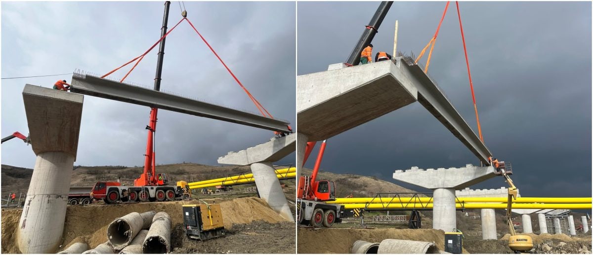 FOTO: Lucrările la varianta ocolitoare a municipiului Blaj avansează. Au fost montate primele grinzi la viaductul de la Petrisat