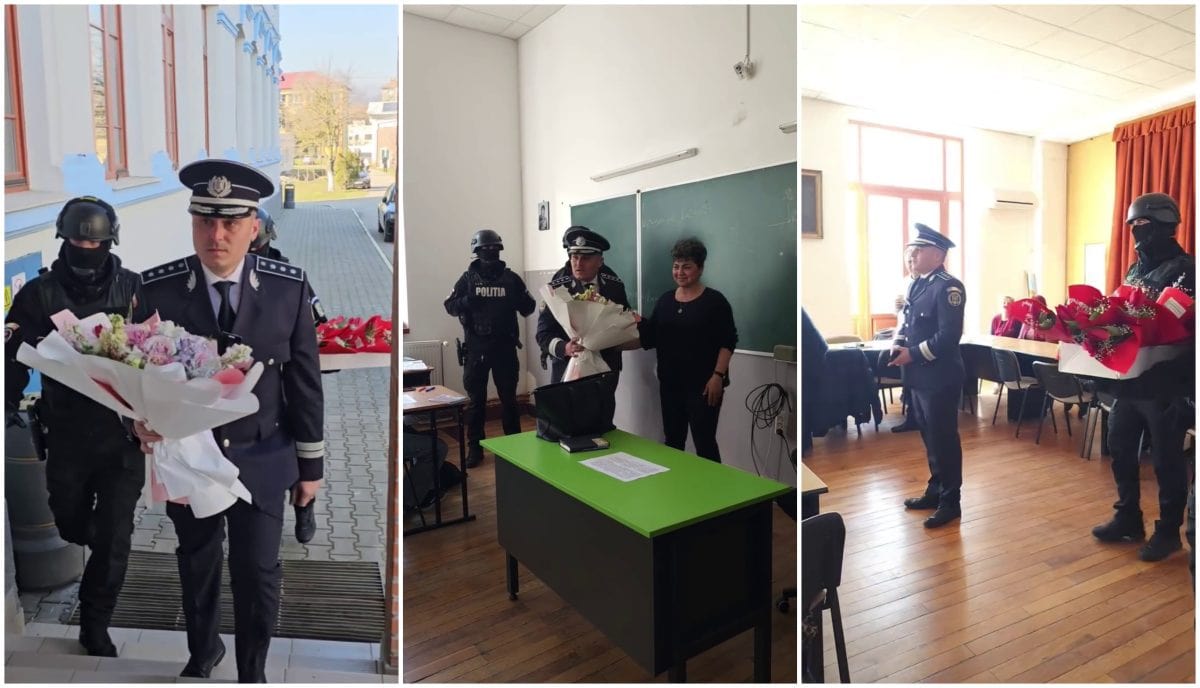 „Asalt” cu flori la Colegiul HCC din Alba Iulia. Șeful Poliției Blaj și luptători SAS au surprins profesoarele, de Ziua Femeii