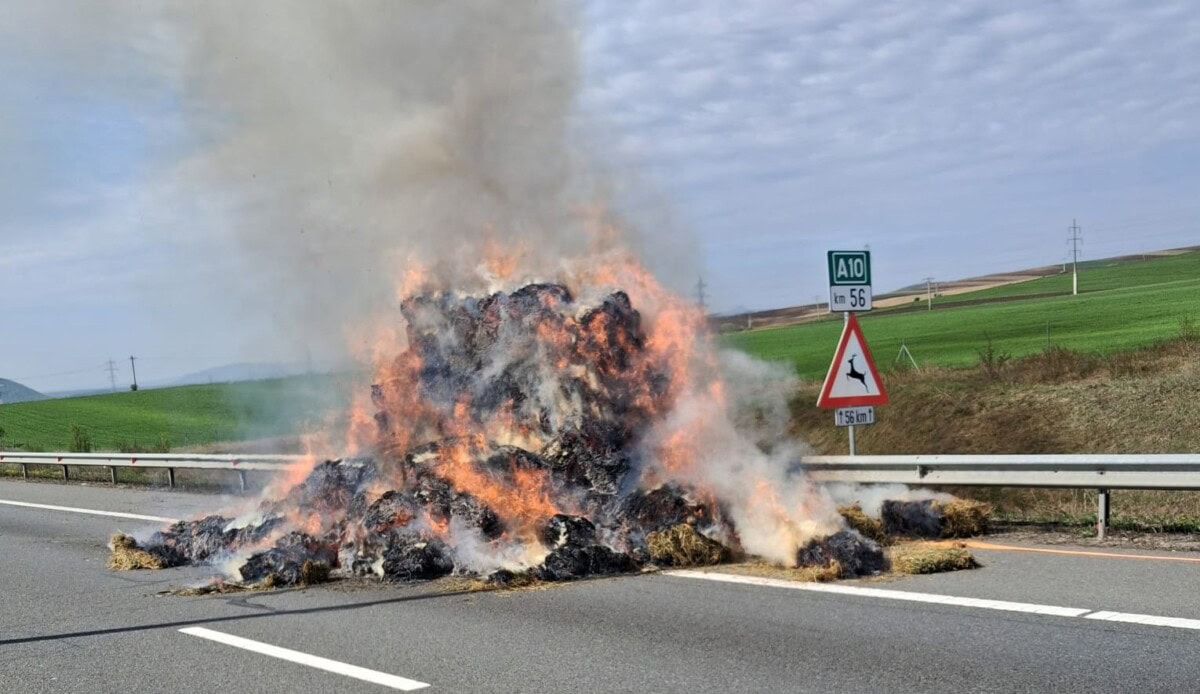 UPDATE FOTO: Incendiu pe Autostrada A10, în zona Inoc. Focul a cuprins un autocamion care transportă baloți