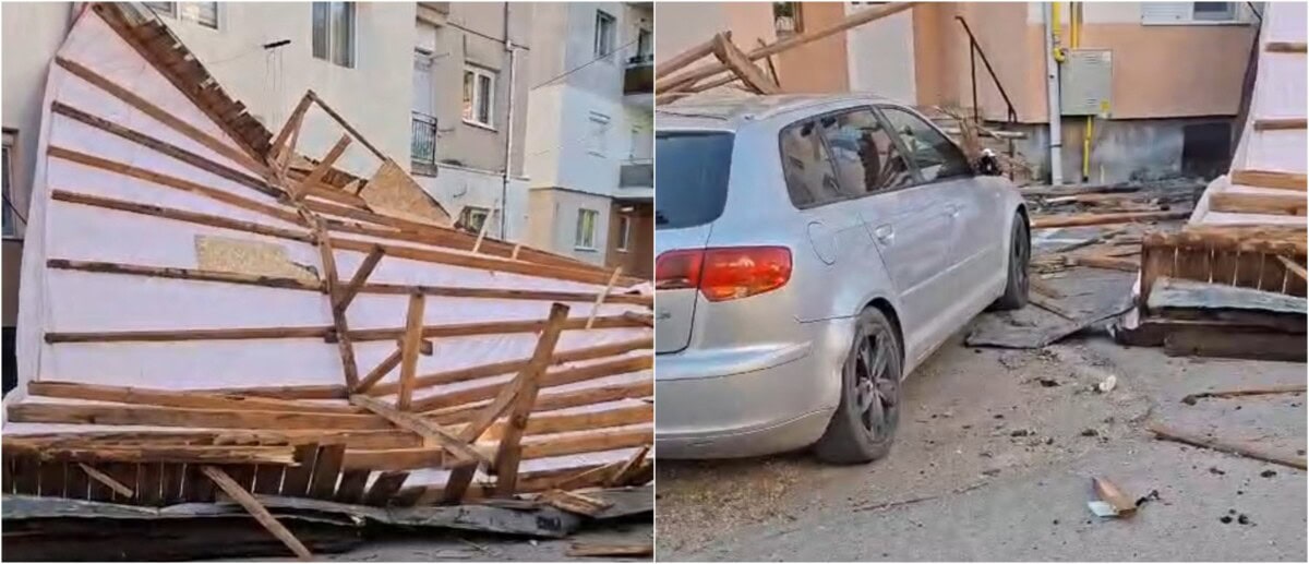 VIDEO: Acoperișul unui bloc din Ocna Mureș, smuls de vânt. Mai multe autoturisme avariate. Ce spune primarul orașului