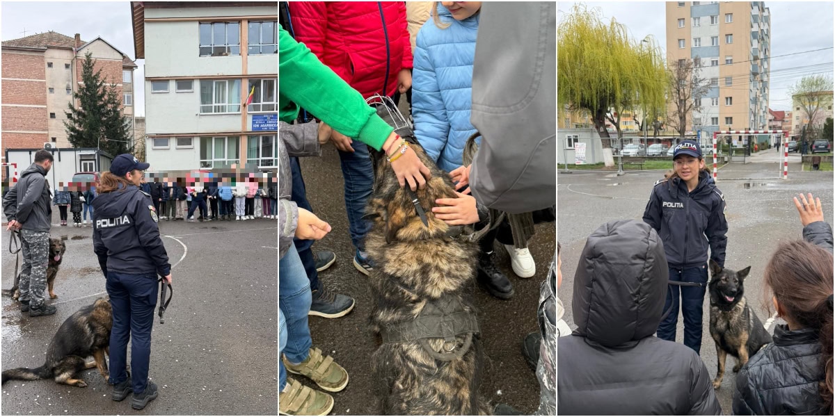 FOTO: Acțiune preventivă a polițiștilor, alături de câinii Sara și Tina, la Școala Gimnazială "Ion Agârbiceanu" din Alba Iulia