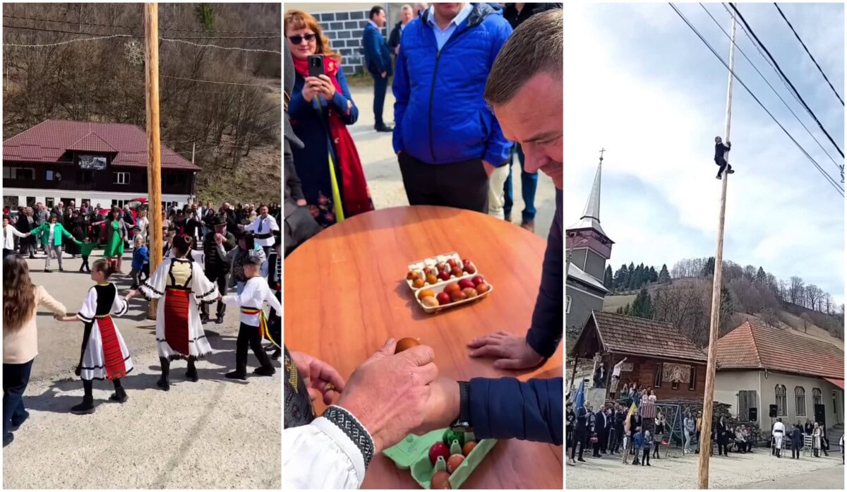 VIDEO: Tradiție și bucurie la Bucium Poieni, de Paște. Hora Mare și concurs de urcat pe „suliță” și de ciocnit ouă
