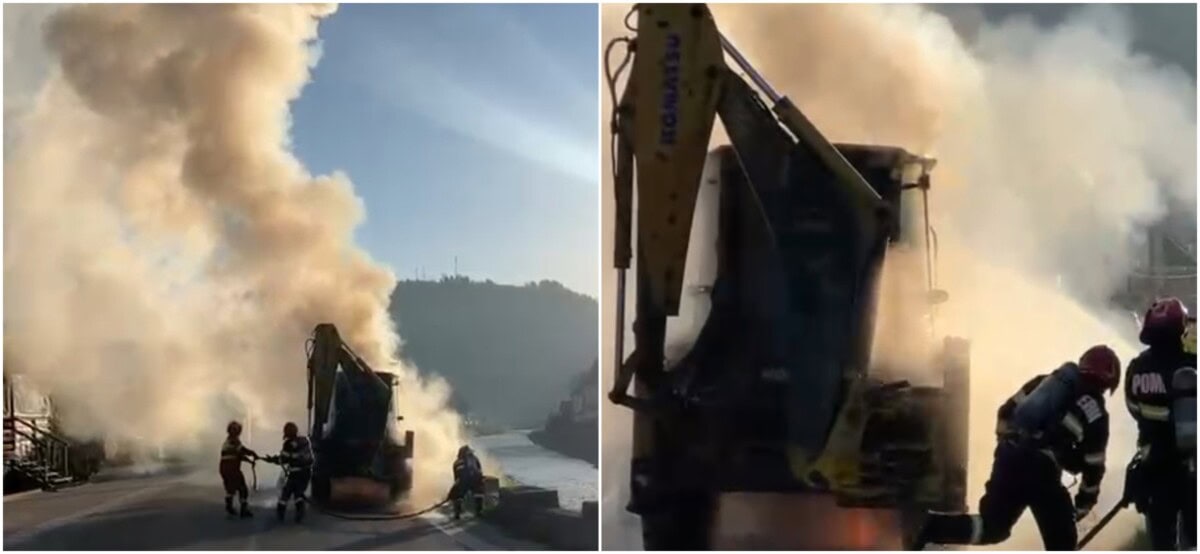 VIDEO: Incendiu la Câmpeni. Un buldoexcavator a luat foc pe o stradă din oraș