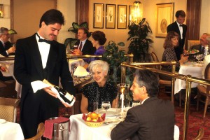 Couple selecting a bottle of wine in a upscale restaurant