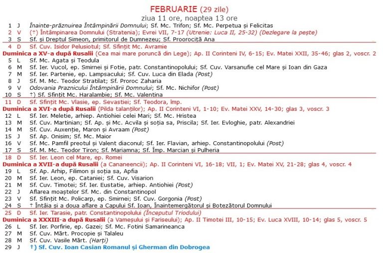 Calendar Ortodox 2025 Februarie