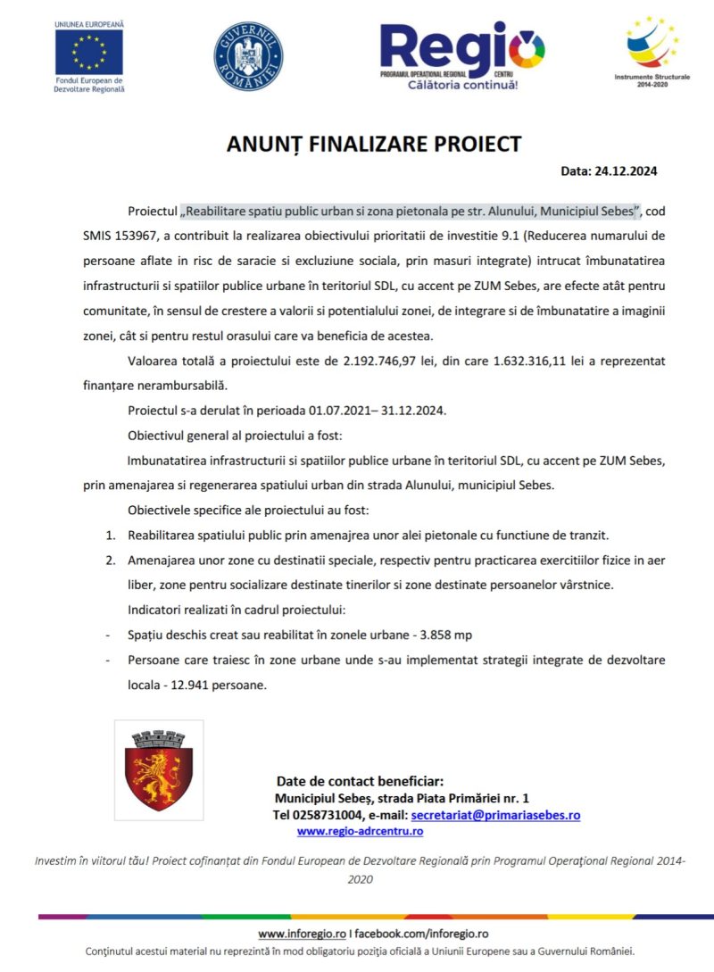 ANUNȚ finalizare proiect