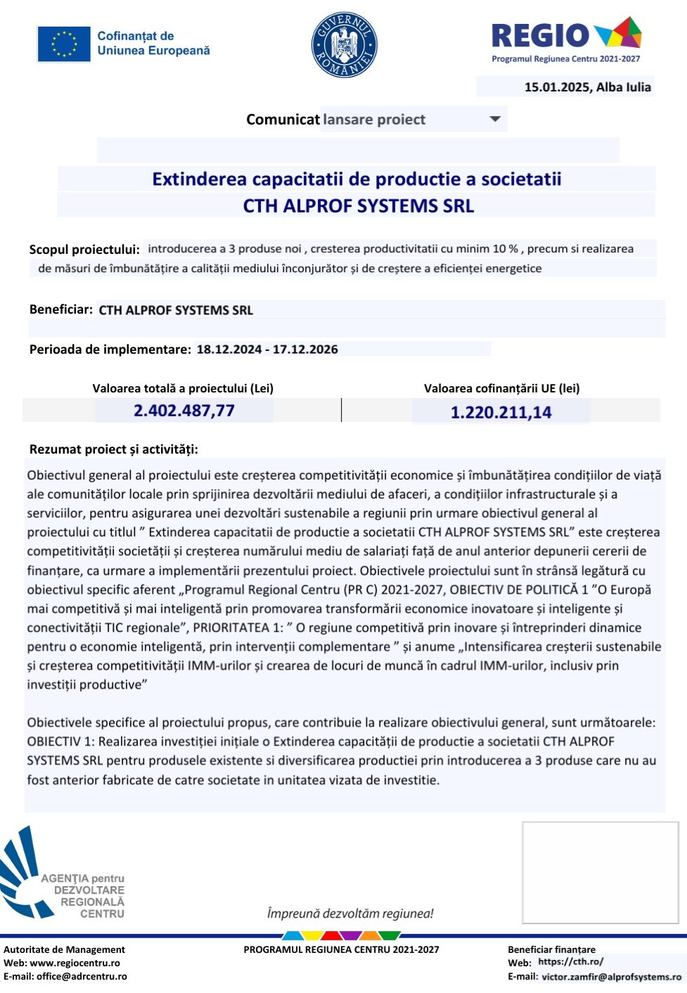 comunicat lansare proiect-CTH ALPROF SYSTEMS SRL