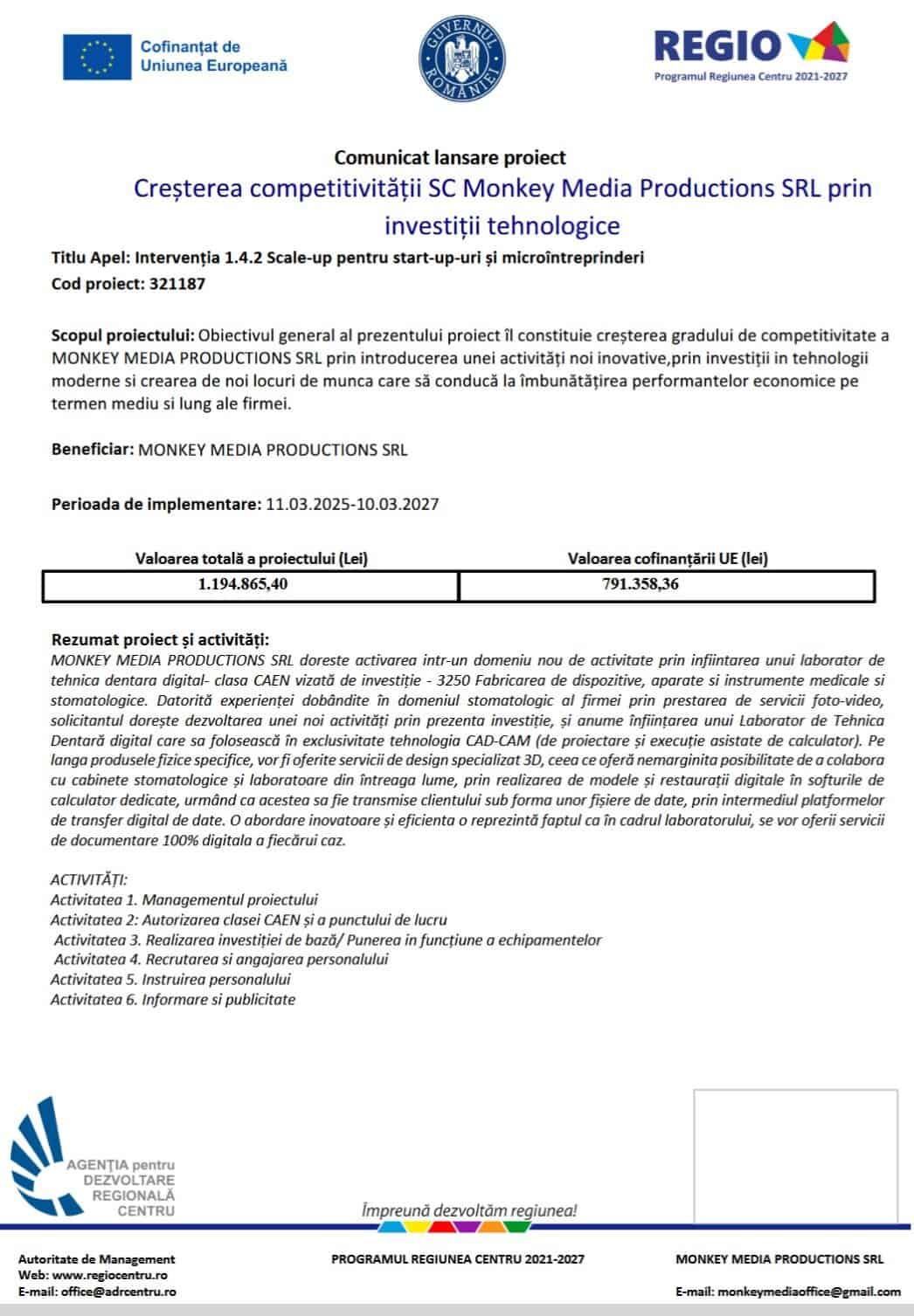 Comunicat lansare proiect Monkey Media