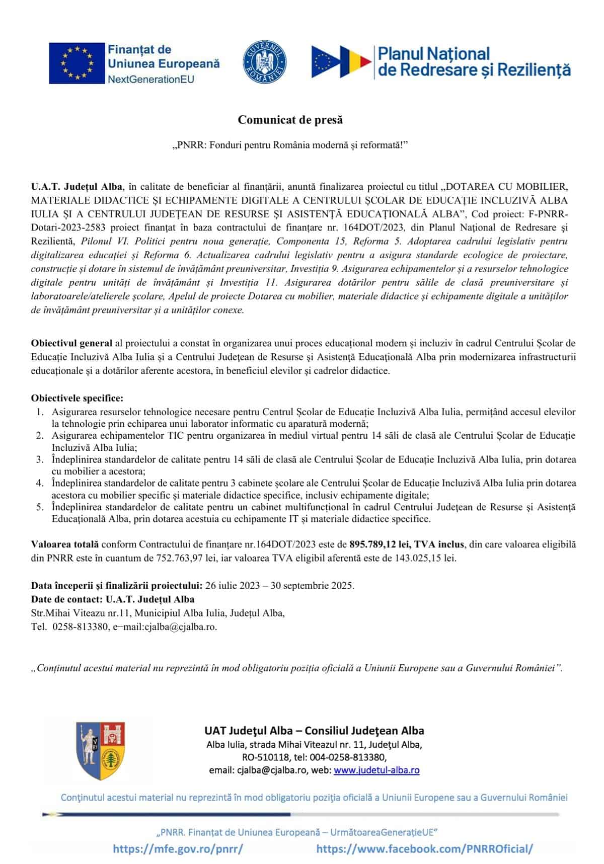 COMUNICAT FINALIZARE PROIECT UAT ALBA - PNRR