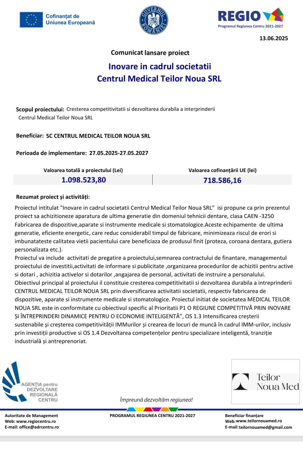 comunicat lansare proiect Centrul Medical Teilor Noua
