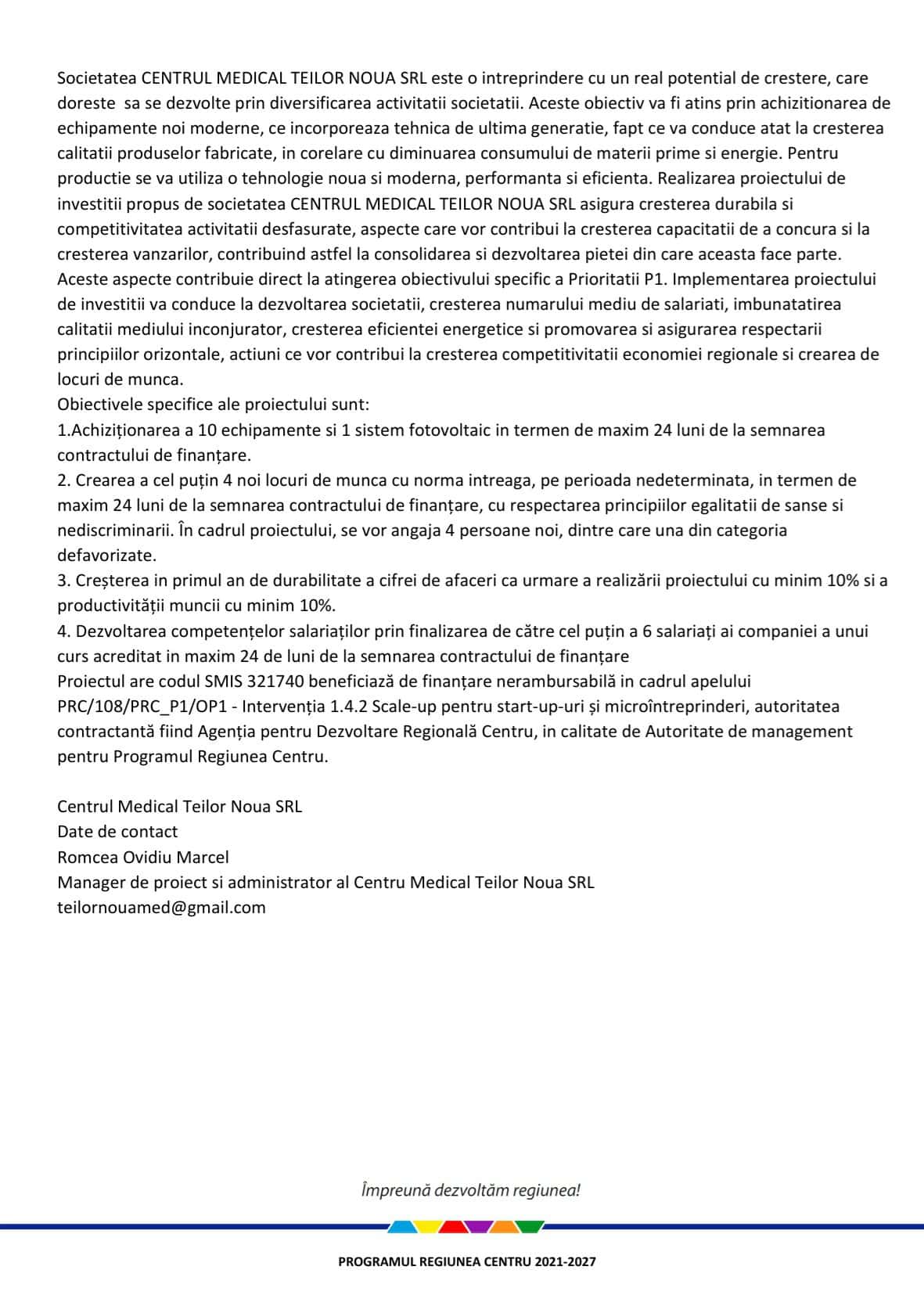 comunicat lansare proiect Centrul Medical Teilor Noua