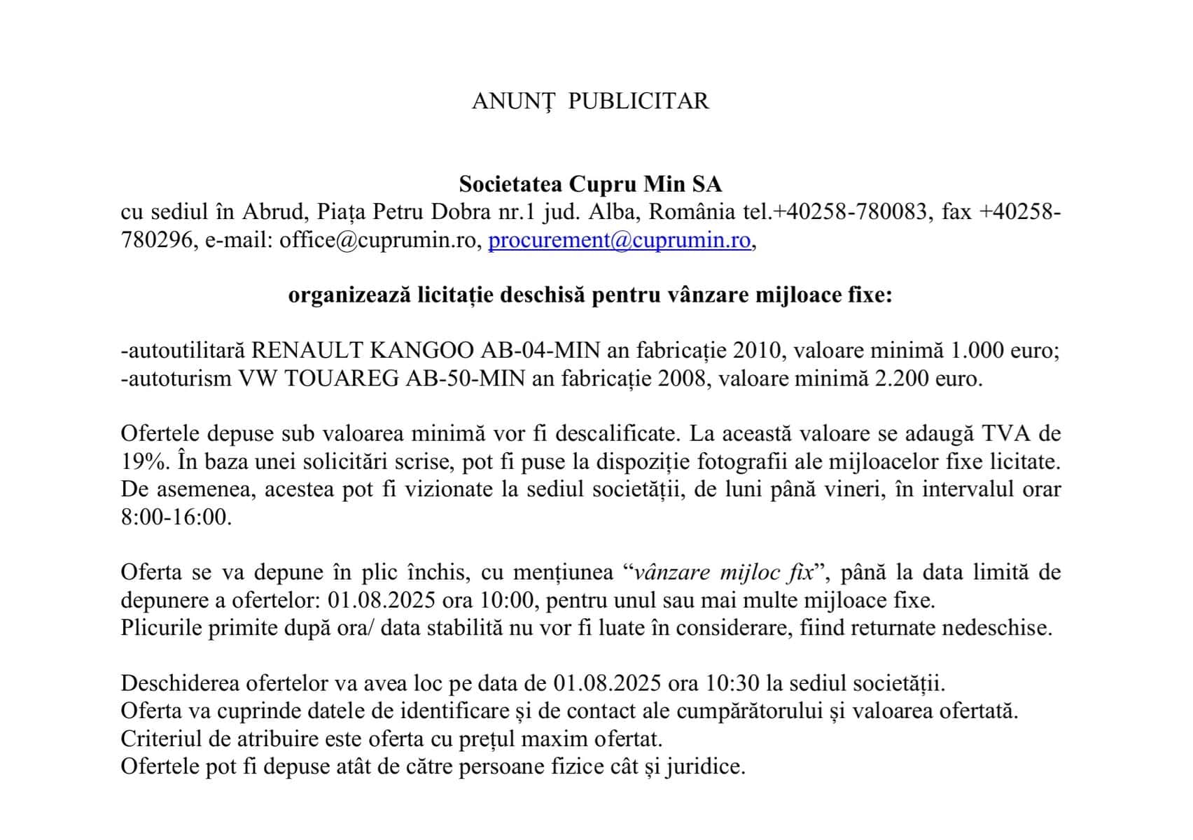 cupru min sa abrud - licitatie mijloace fixe auto 10.07.2025