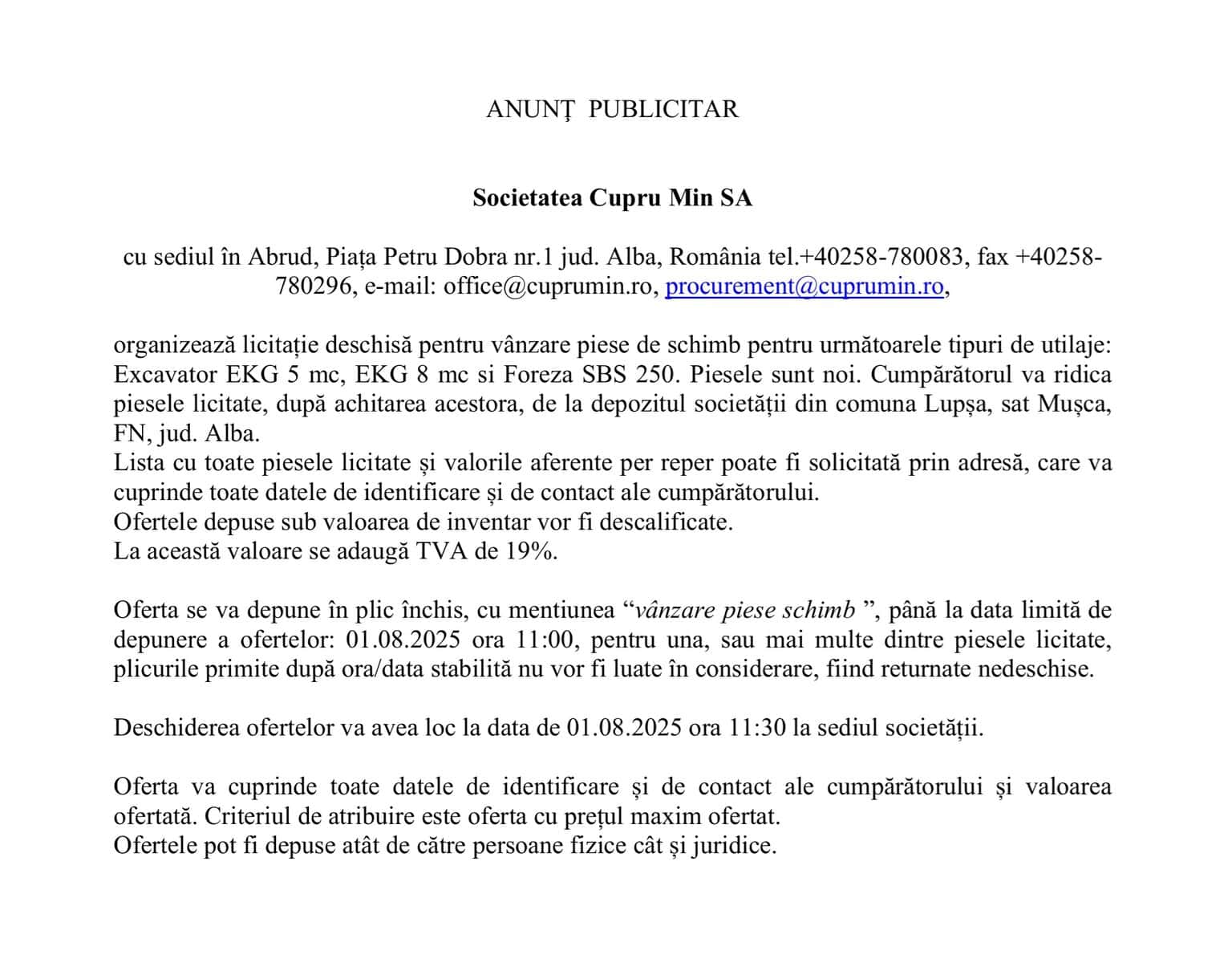 anunt cupru min sa abrud licitatie