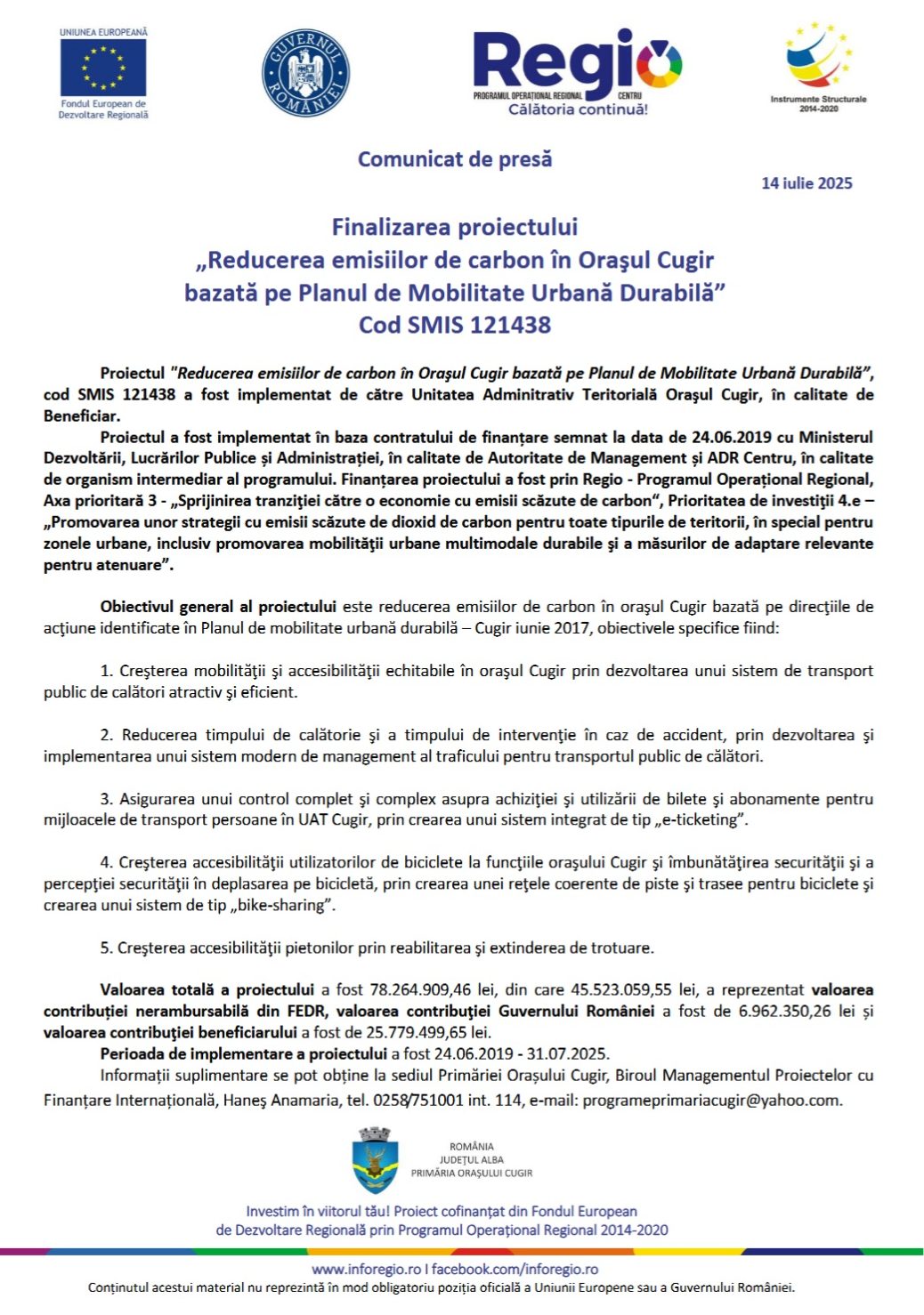 ANUNT FINALIZARE PROIECT CUGIR