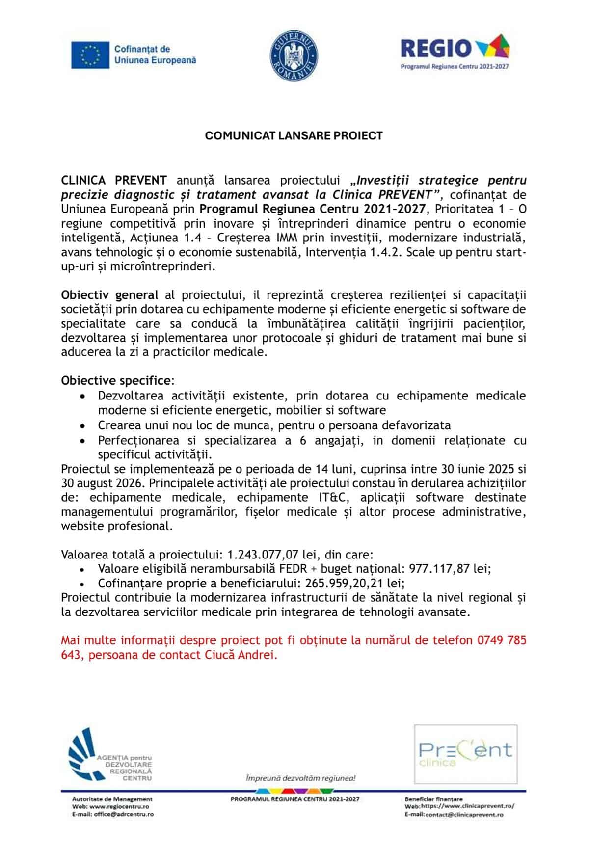 Comunicat lansare proiect Clinica Prevent