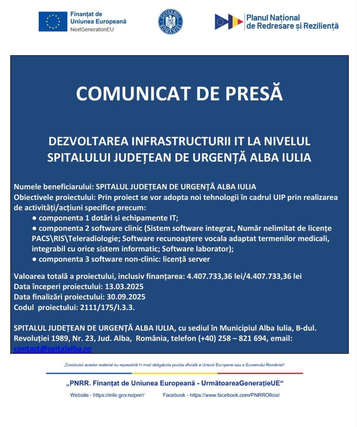 Comunicat lansare proiect Spitalul Judetean de Urgenta Alba Iulia