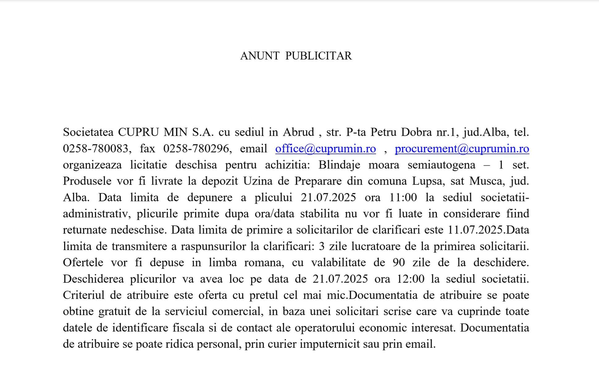 ANUNT LICITATIE CUPRU MIN SA ABRUD