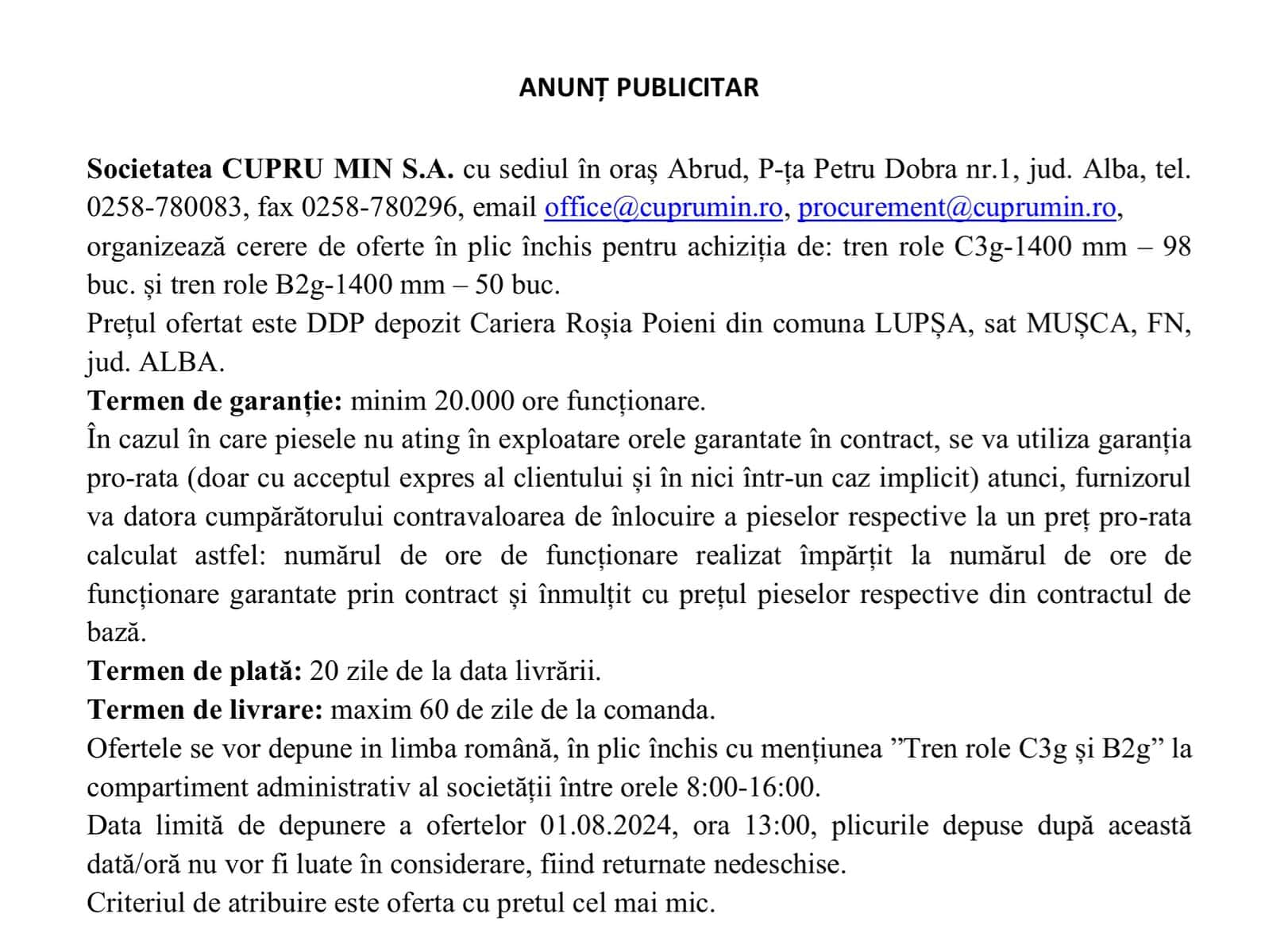 CUPRU MIN SA ABRUD cerere oferte 18.07.2025