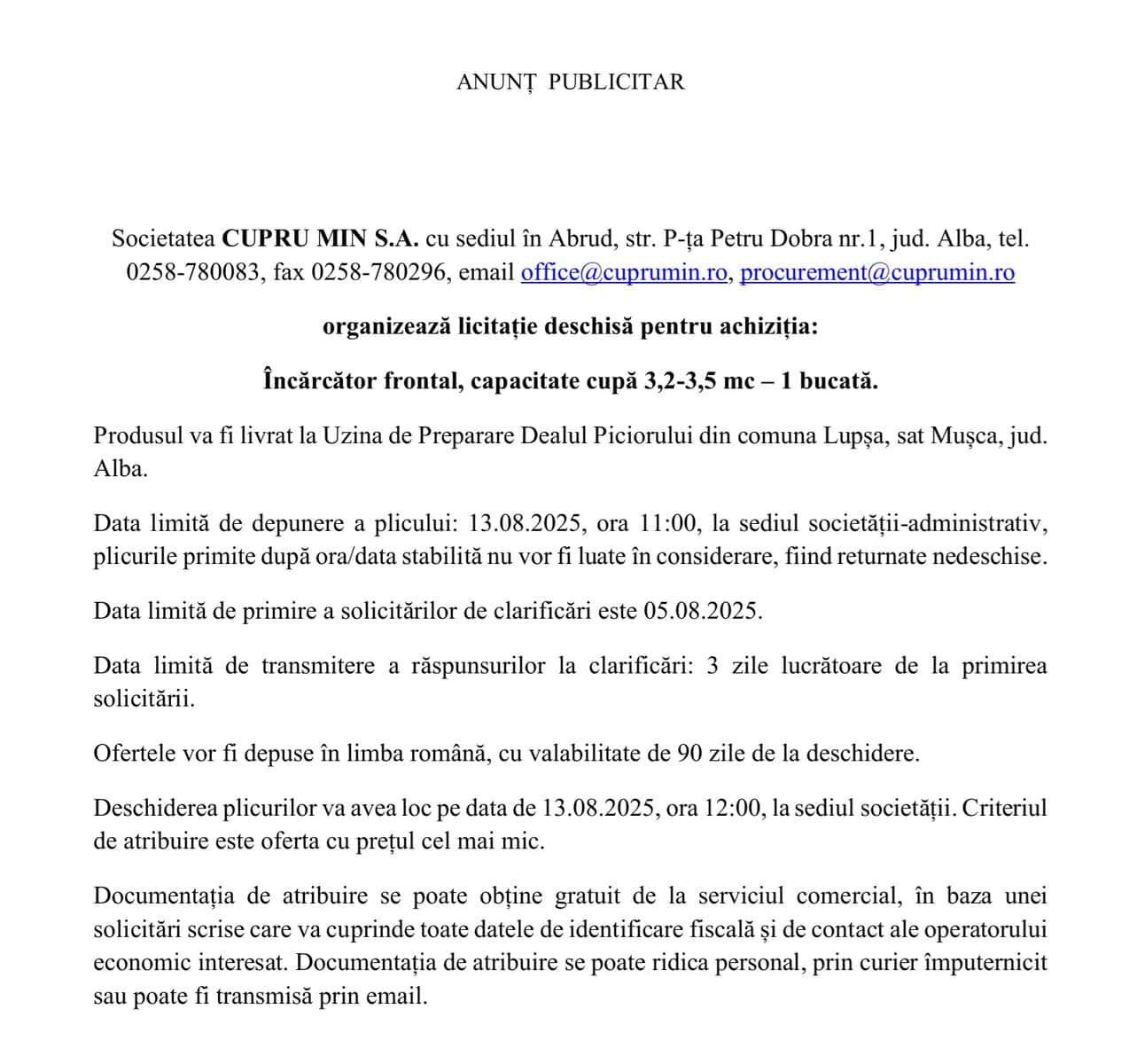 cupru min sa abrud anunt licitatie