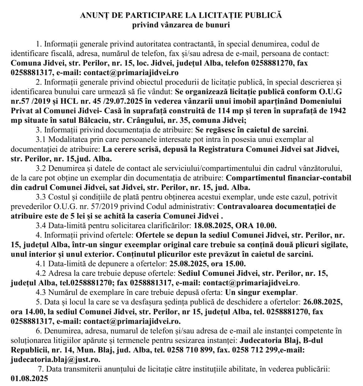 anunt primaria jidvei licitatie publica