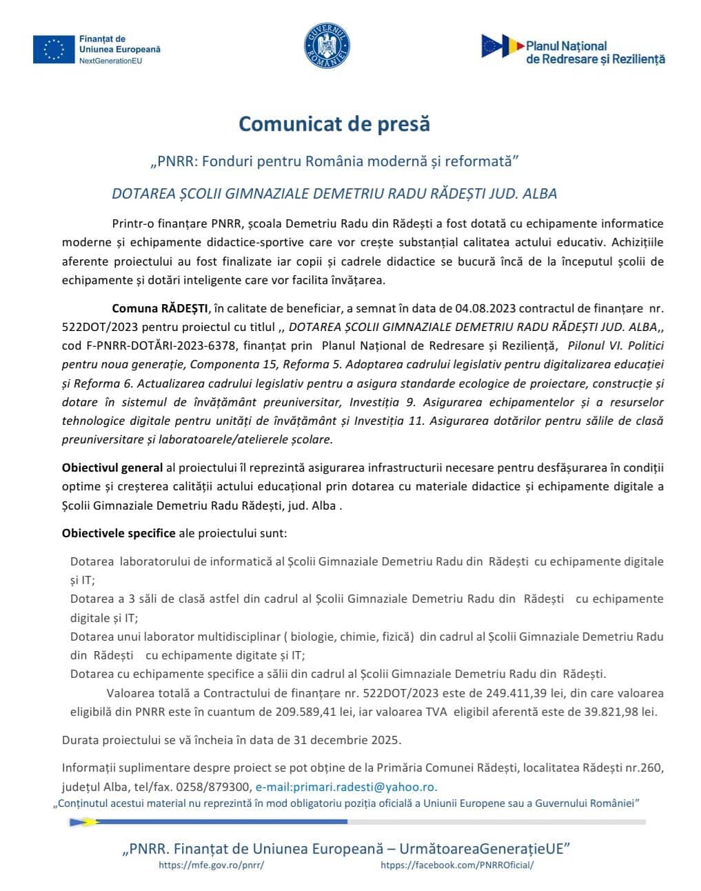 Comunicat pnrr scoala demetriu radu radesti