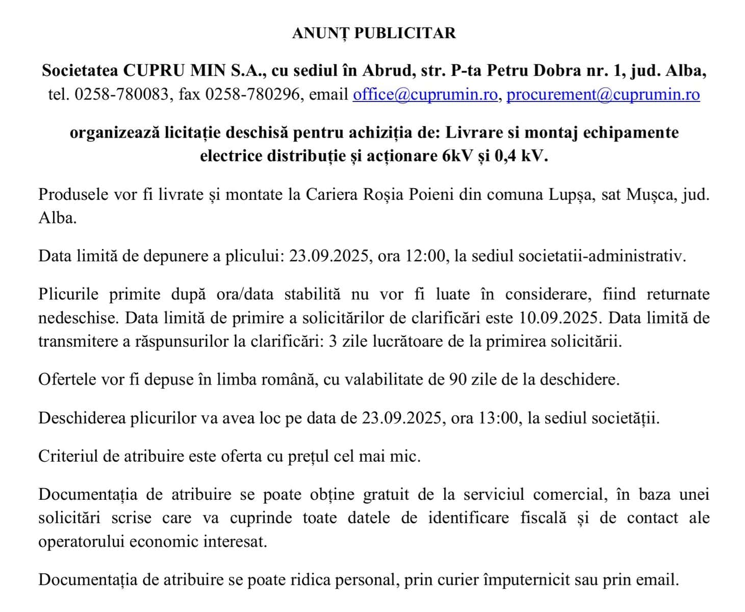 ANUNT CUPRU MIN LICITATIE