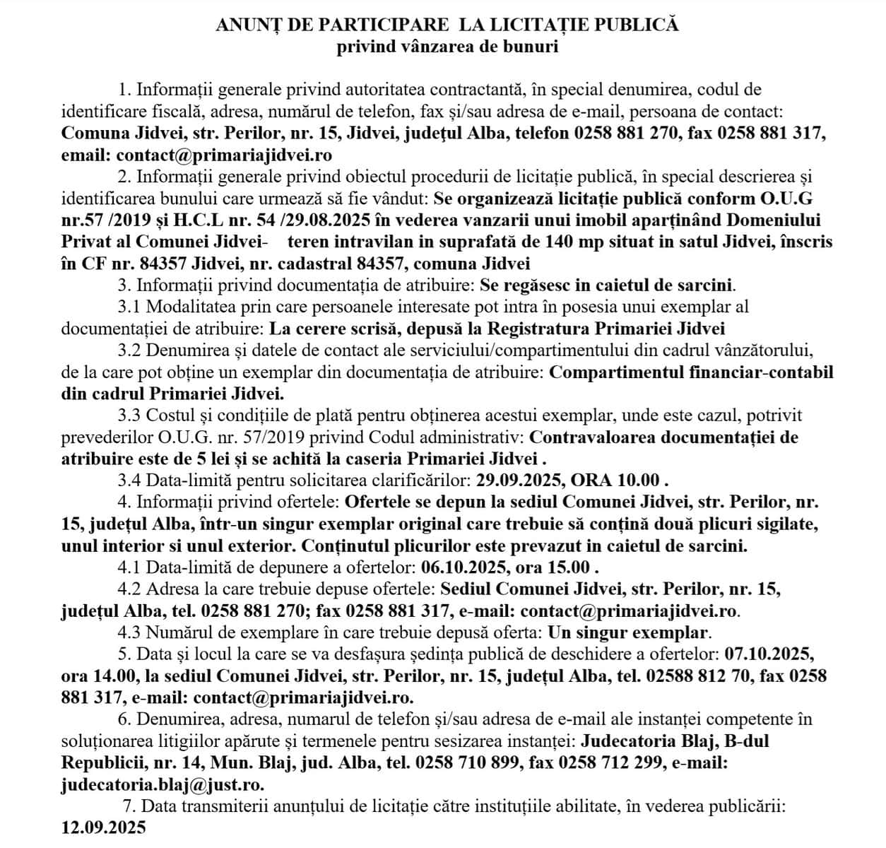 comuna jidvei anunt licitatie publica 