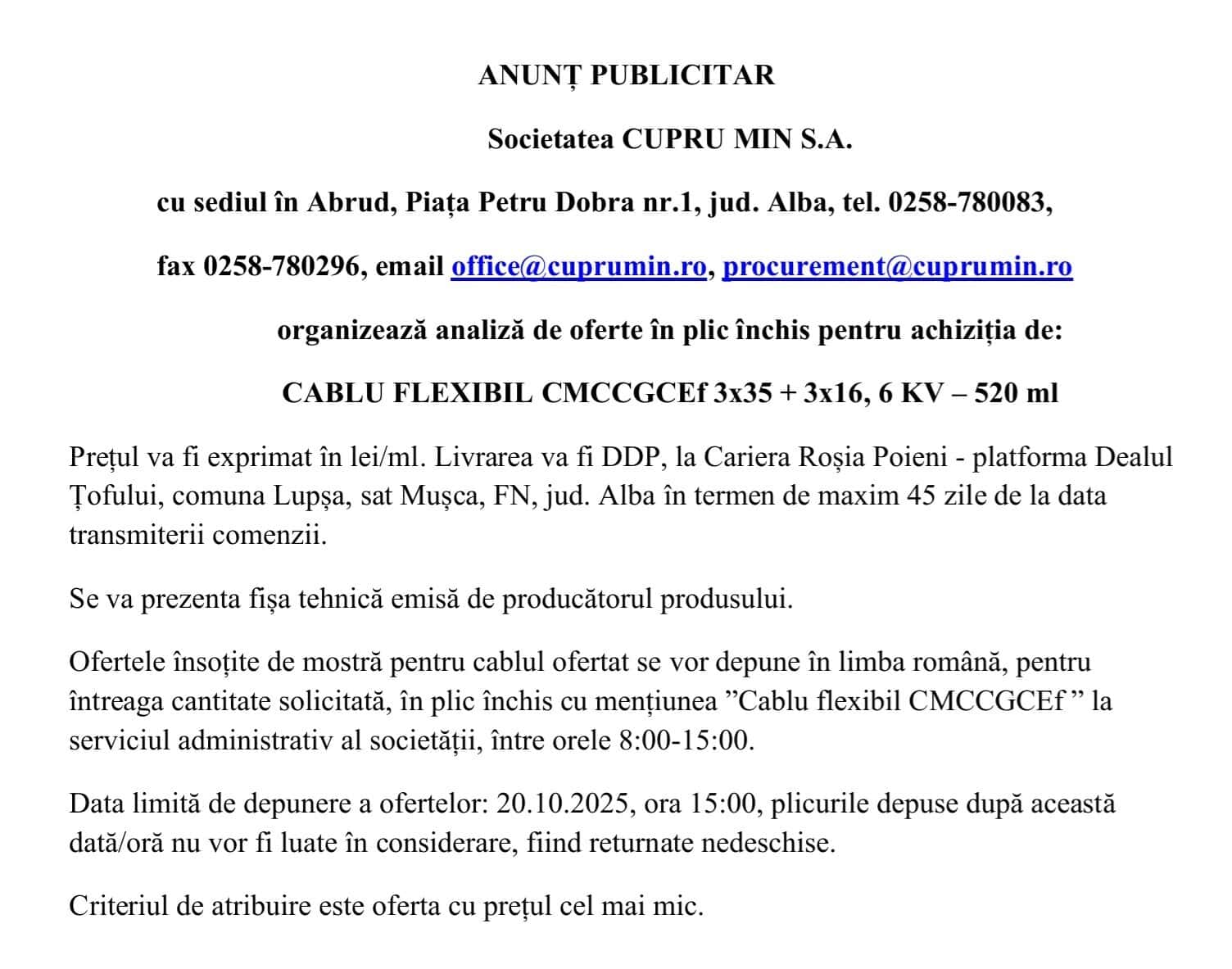 CUPRU MIN SA ABRUD - ANUNT