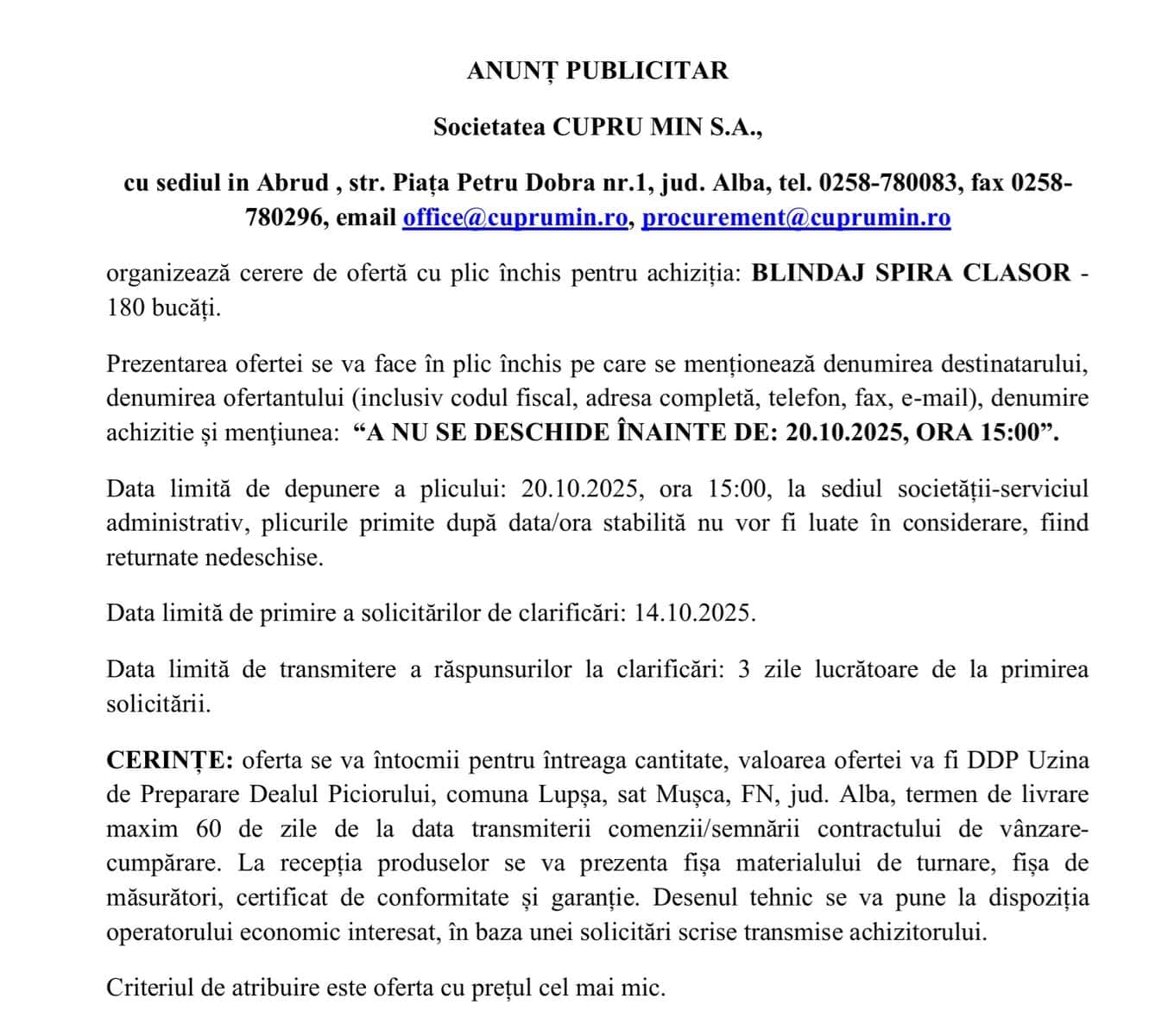 ANUNT CUPRU MIN SA ABRUD - 