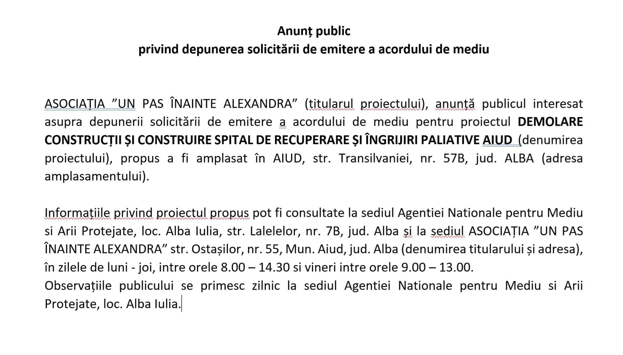 anunt public privind depunerea solicitarii de emitere a acordului de mediu