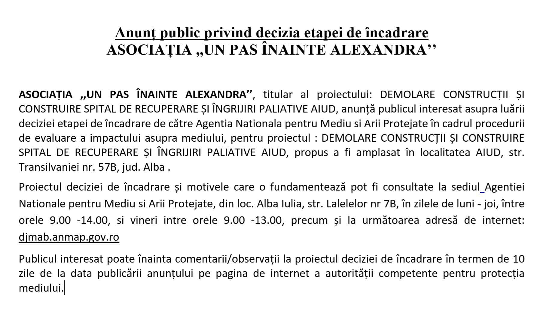 ANUNT PUBLIC Asociatia Un pas Inainte Alexandra 21.10.2025