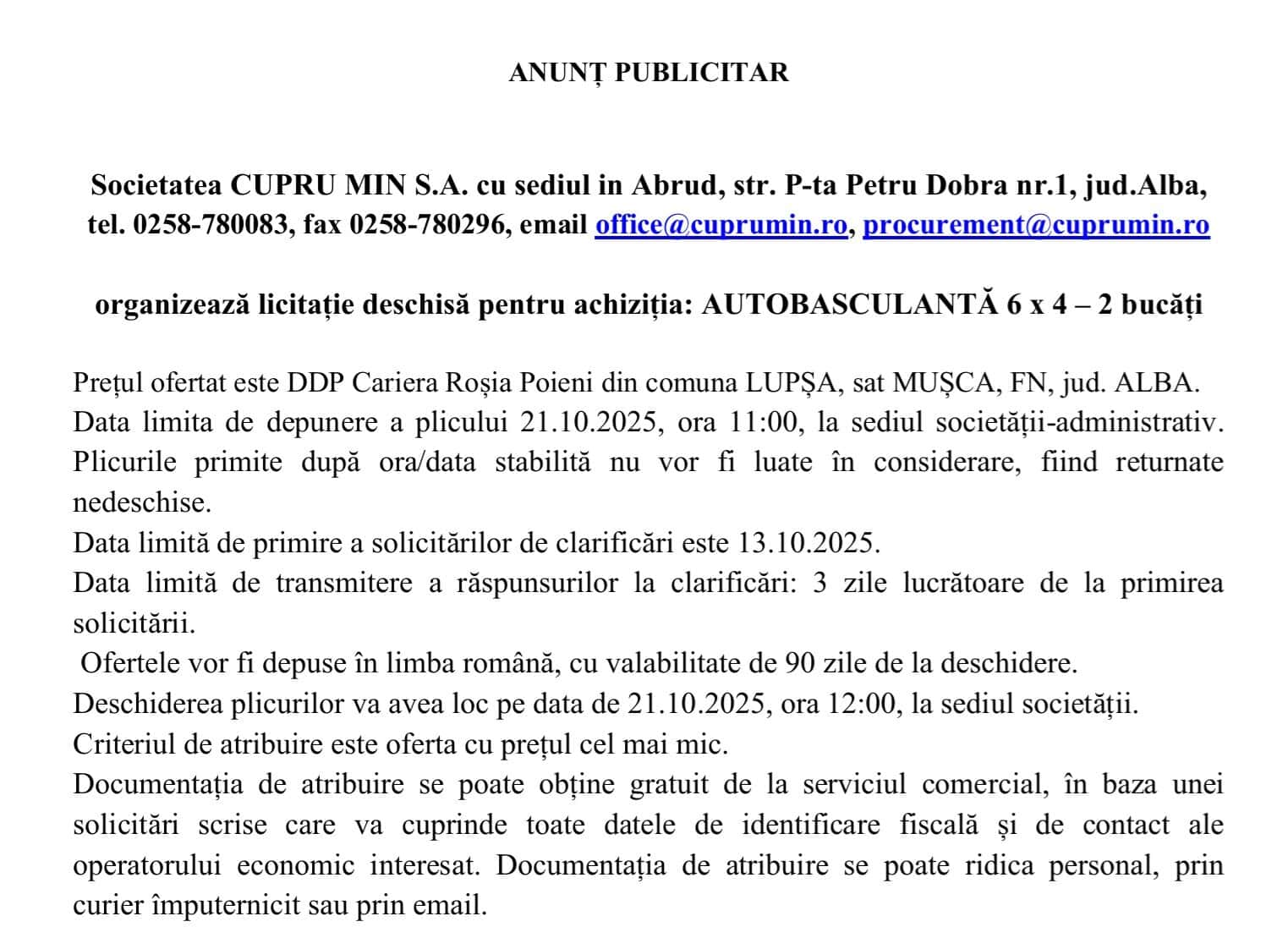 cupru min sa abrud anunt licitatie