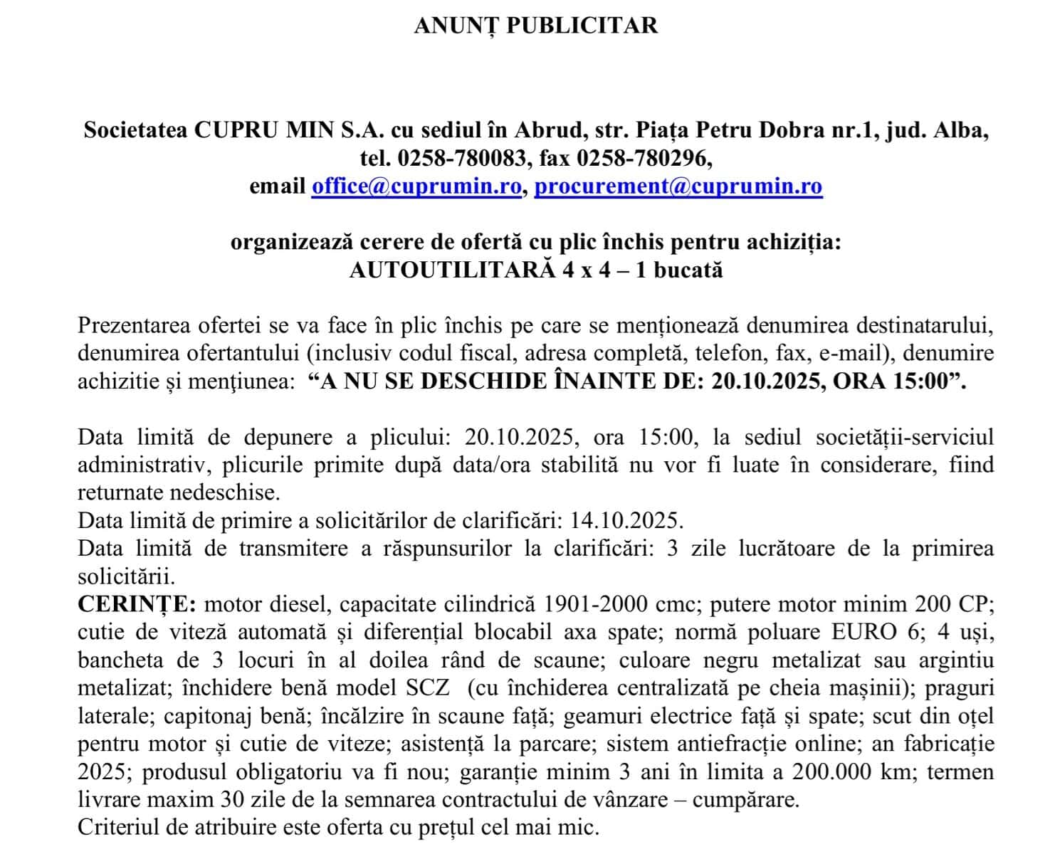 cupru min sa abrud autoutilitara licitatie
