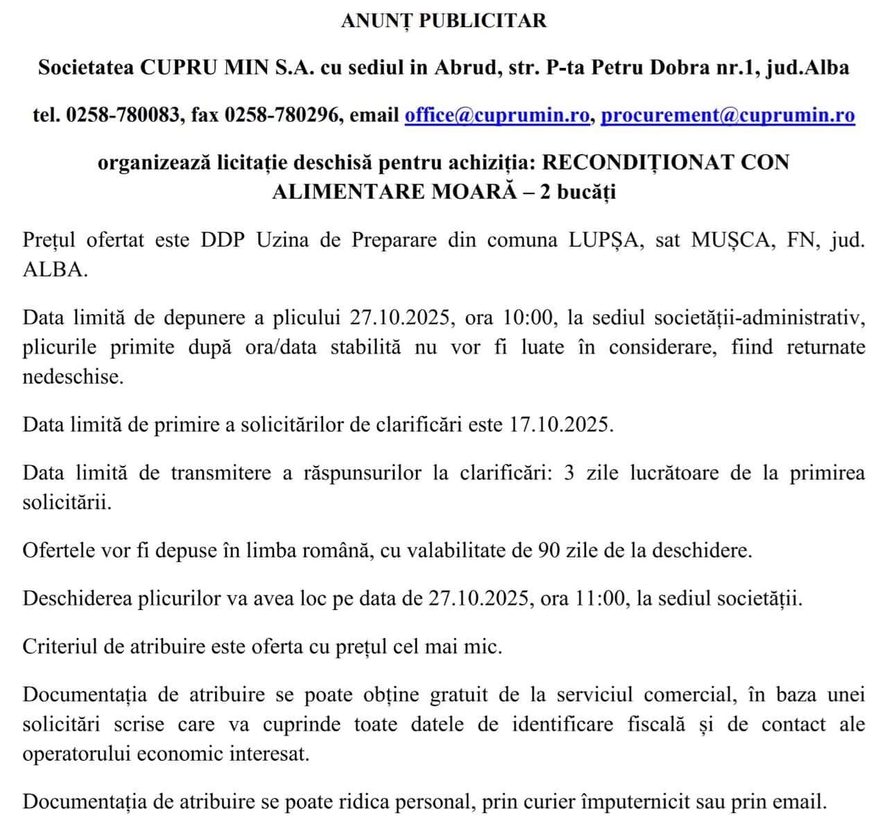 cupru min sa abrud anunt licitatie