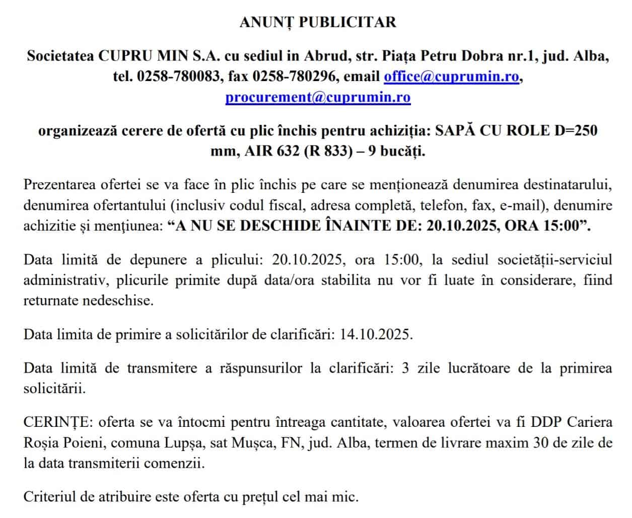 CUPRU MIN SA ABRUD ANUNT