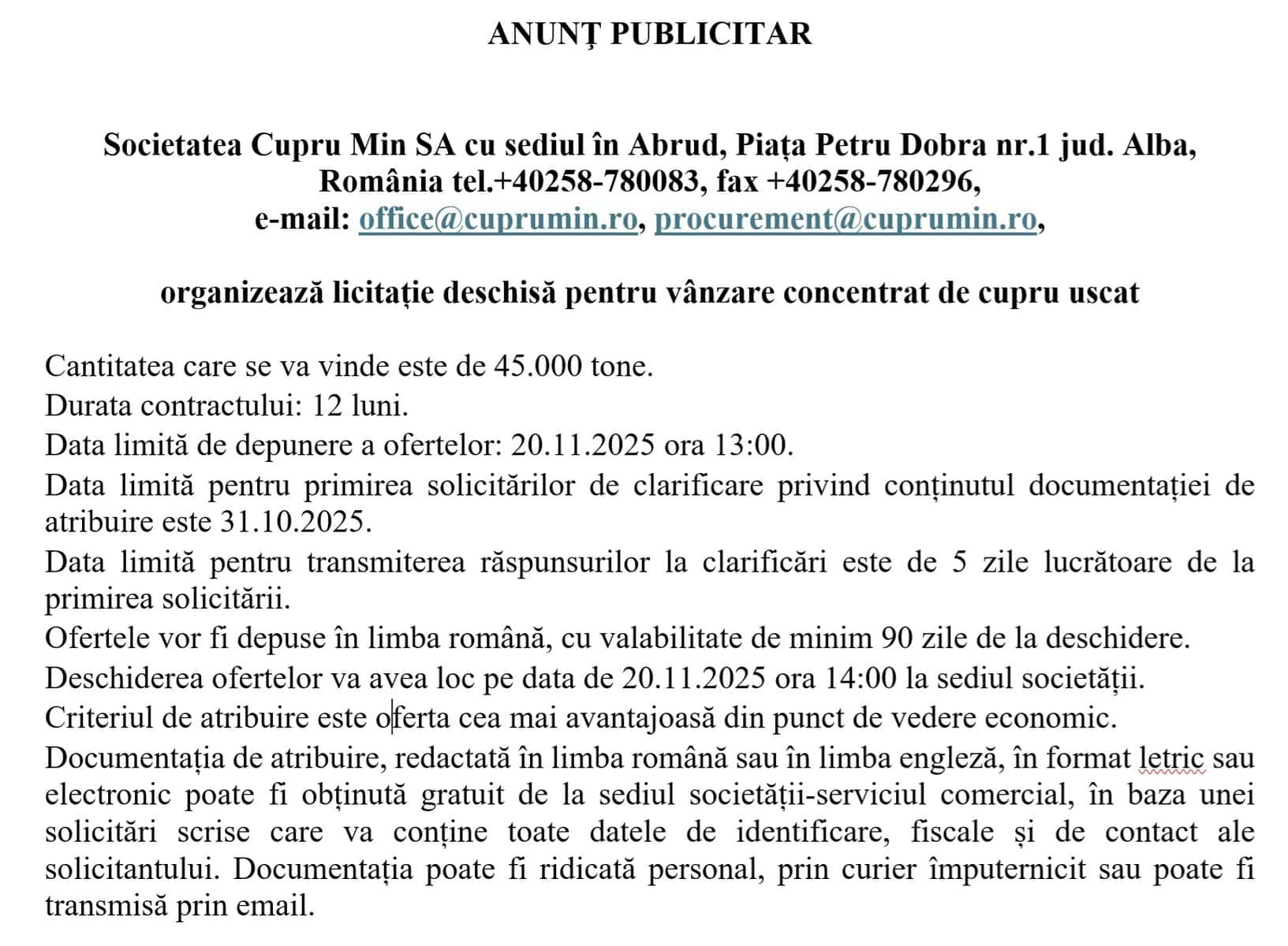 Anunt CUPRU MIN Abrud licitatie