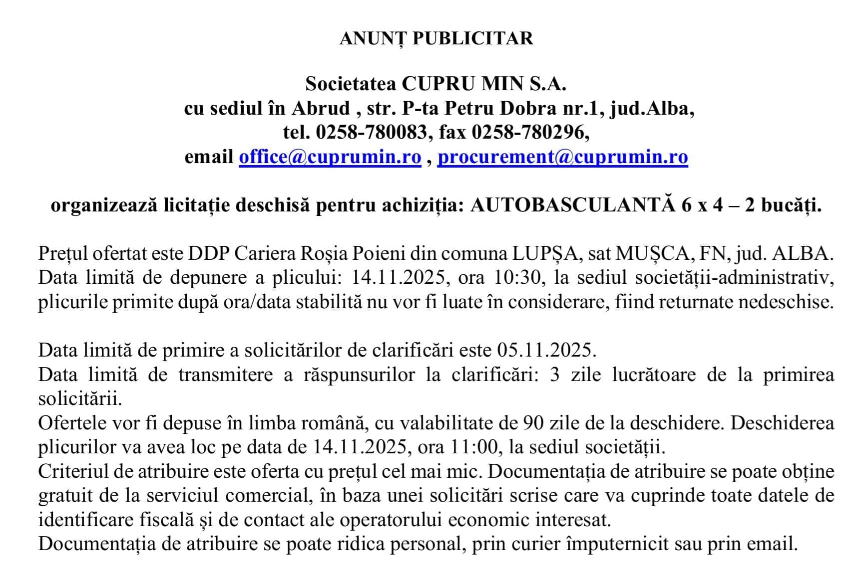 ANUNT LICITATIE CUPRU MIN SA ABRUD