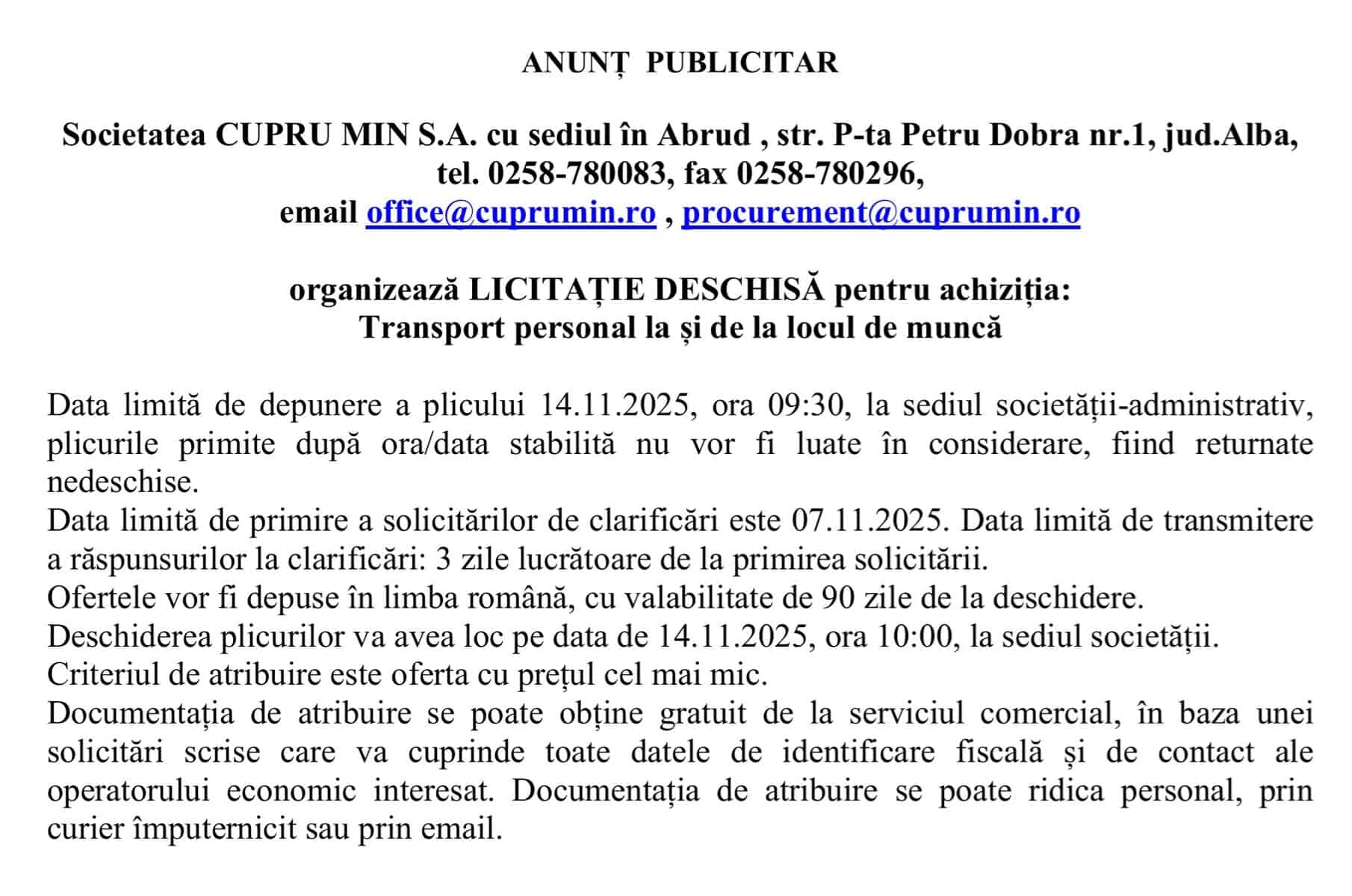 ANUNT cupru min sa abrud licitatie transport personal