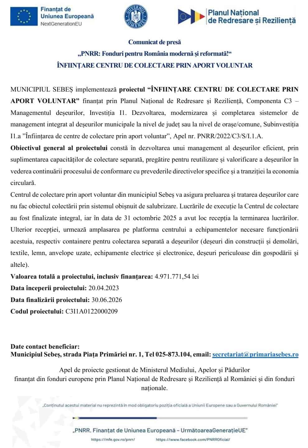 comunicat municipiul sebes centru de colectare prin aport voluntar