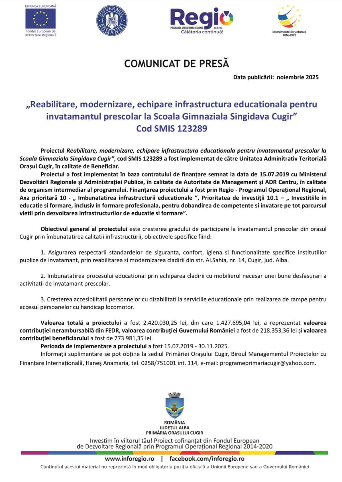 comunicat lansare proiect reabilitare Scoala Gimnaziala Singidava Cugir