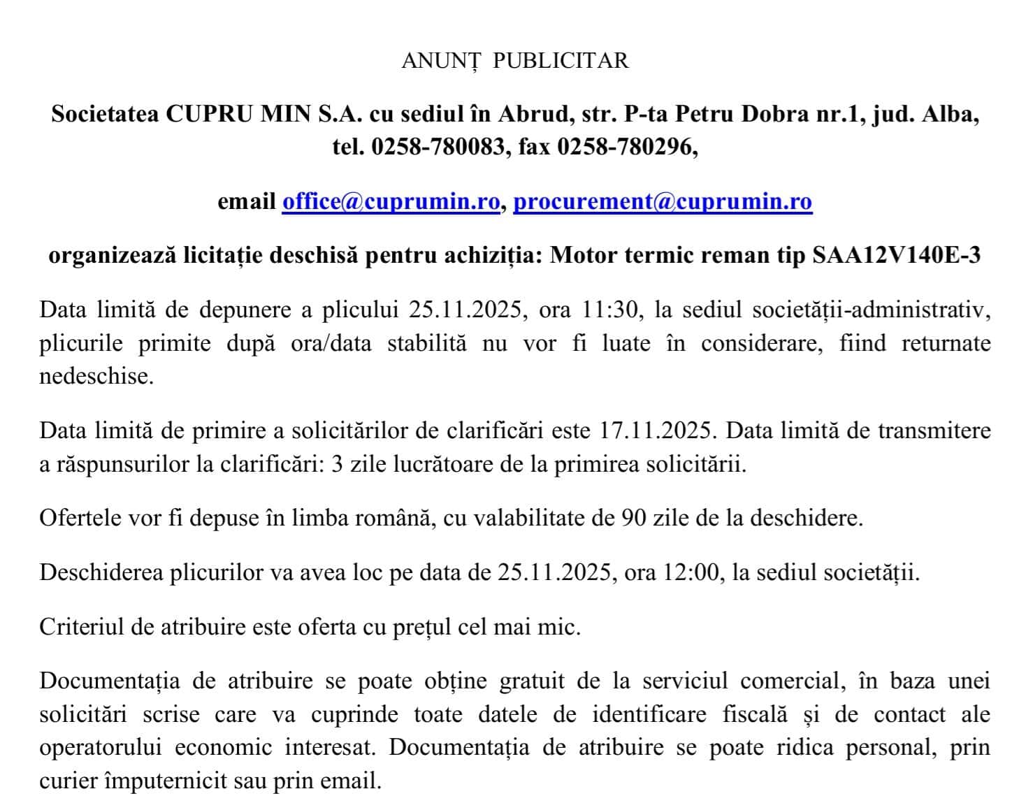 anunt publicitar cupru min sa abrud licitatie