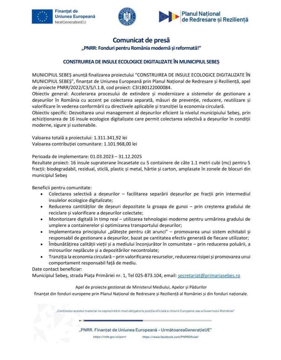 comunicat finalizare proiect municipiul Sebes