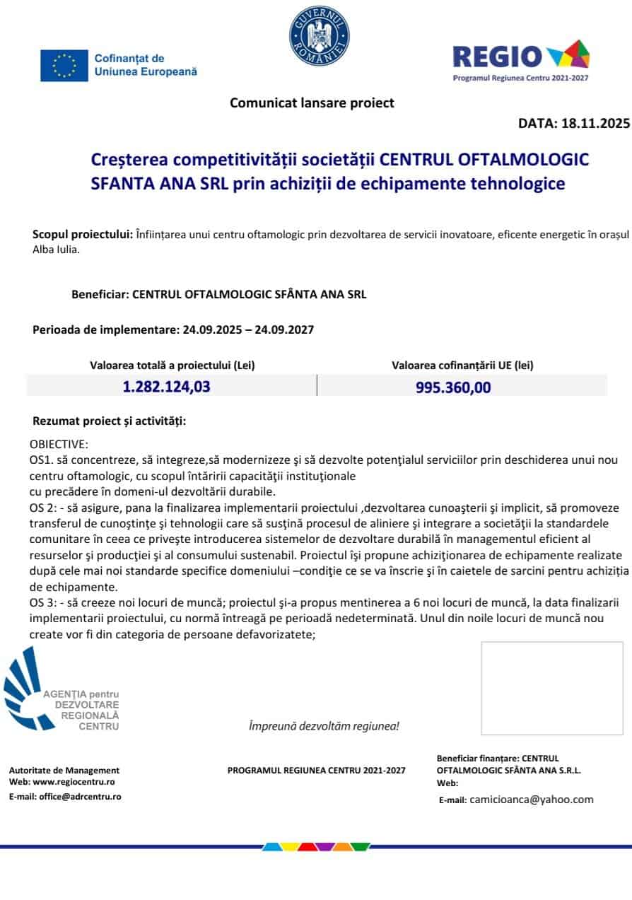 Comunicat lansare proiect Centrul Oftalmologic Sfanta Ana