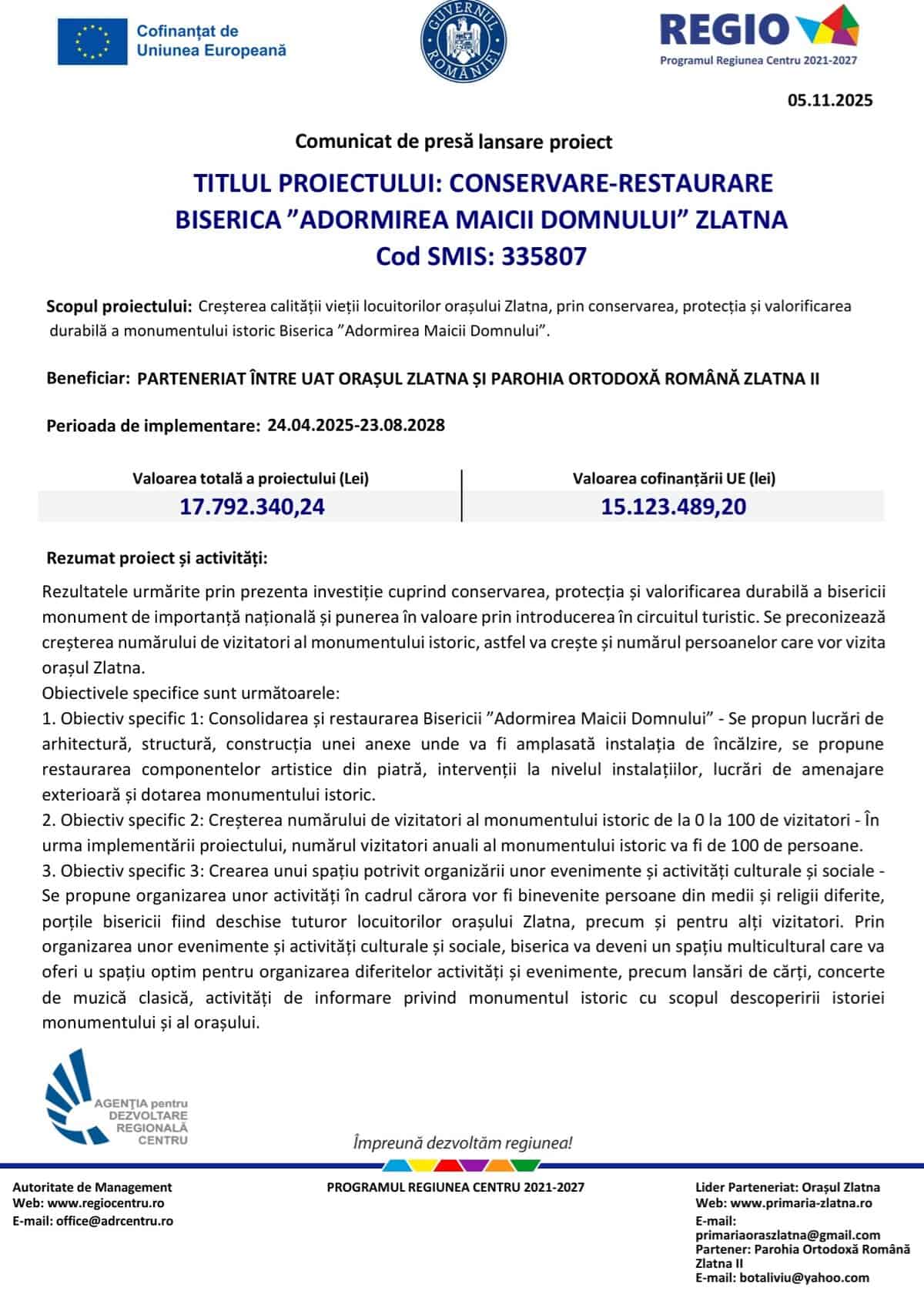 ANUNT COMUNICAT LANSARE PROIECT BISERICA ZLATNA 05.11.2025