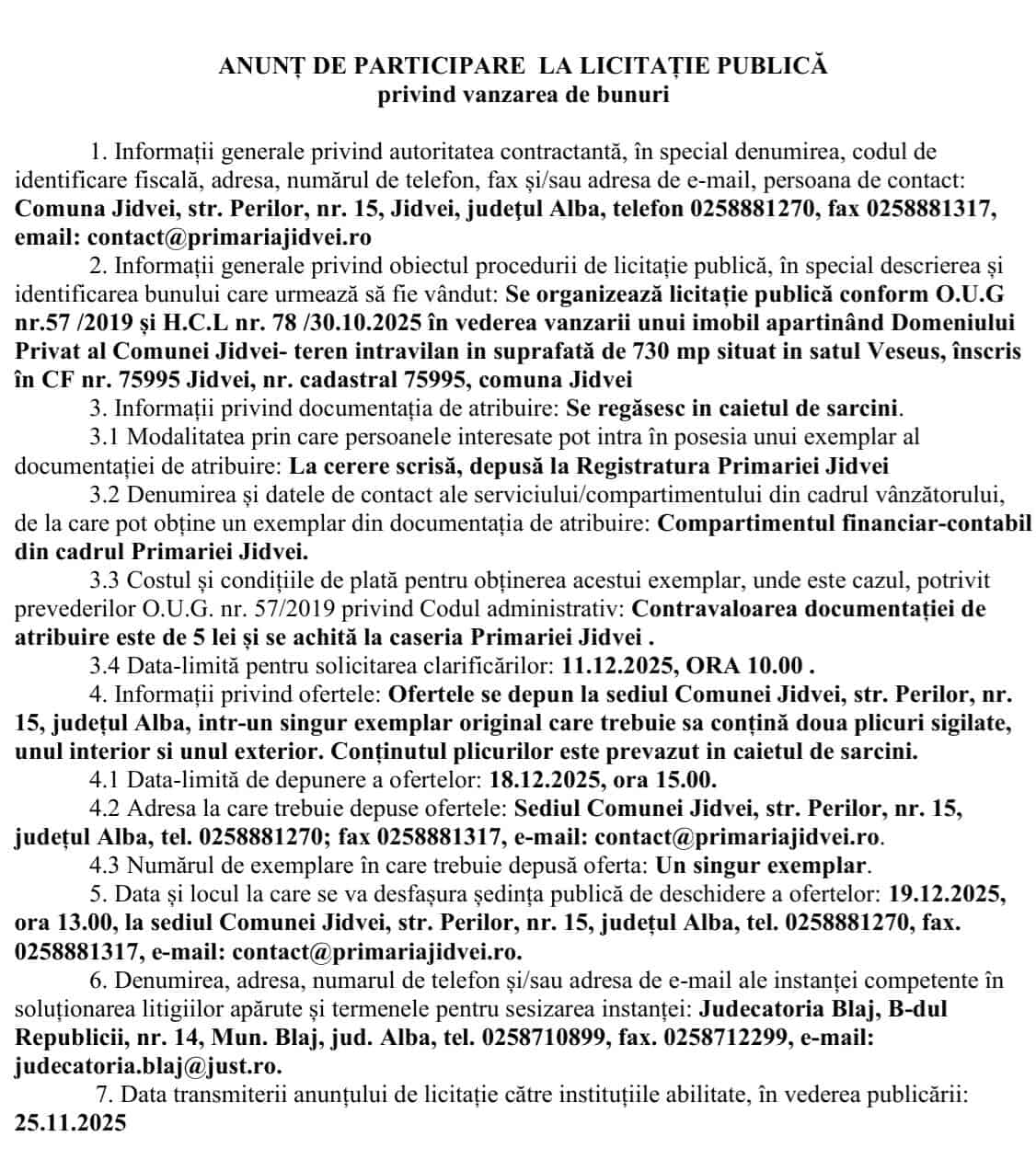 anunt licitatie publica primaria jidvei vanzare bunuri 26.„11.2025